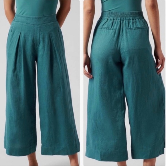 Athleta Playa Linen Borealis Green Wide Leg Crop Pants - Picture 2 of 14